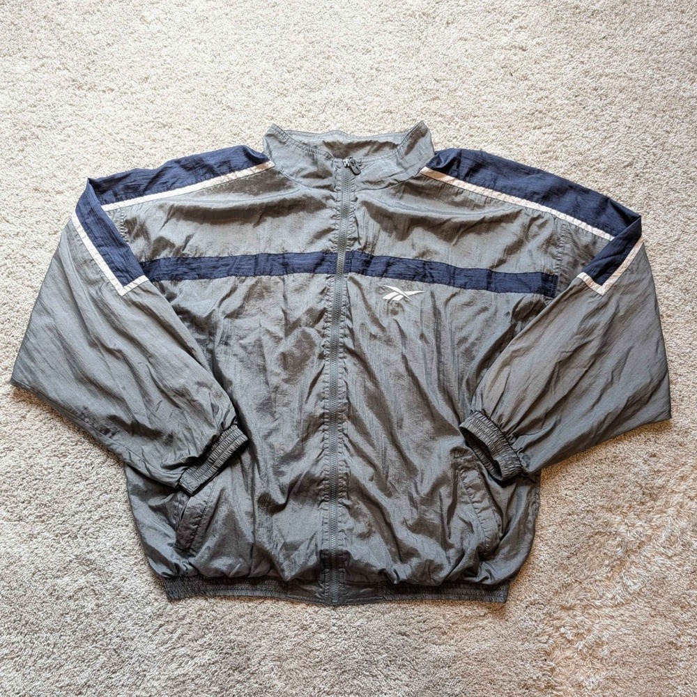 Reebok Windbreaker Jacket Mens XL Grey Navy Blue Vintage 90s Full Zip Sporty